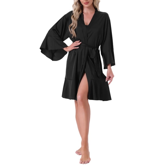 INSPIRE CHIC Women's Satin Short Robe Trumpet Sleeves Ruffle Hem Silky Cover Up Bridal Party Kimono Bathrobes with Belt One Size Black