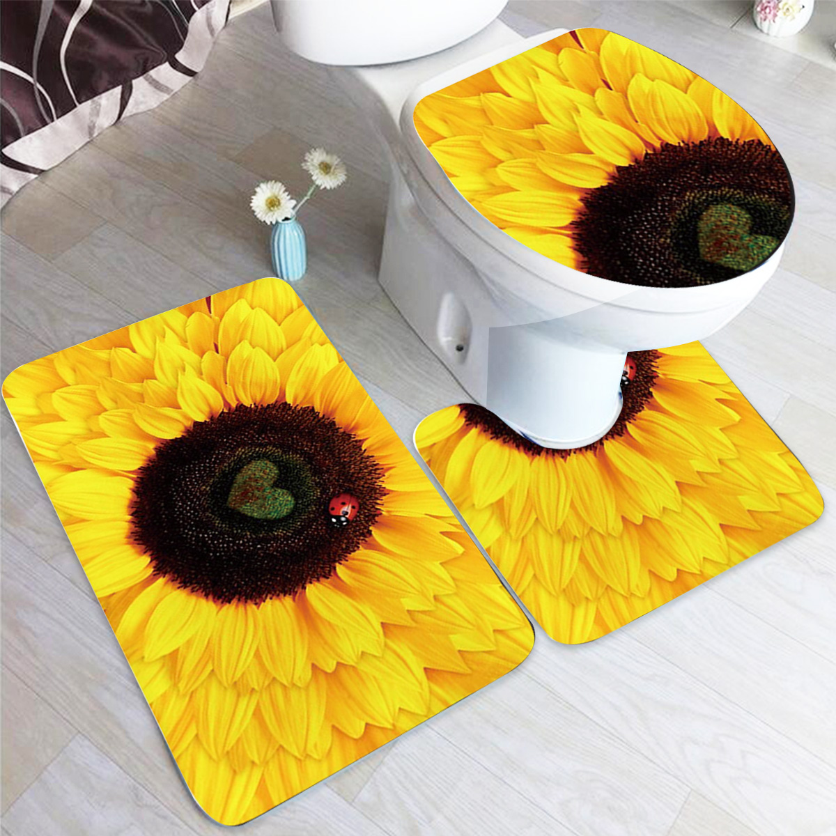 Sunflower Pattern NonSlip Carpet Pedestal Rug + Toilet Lid Seat Cover