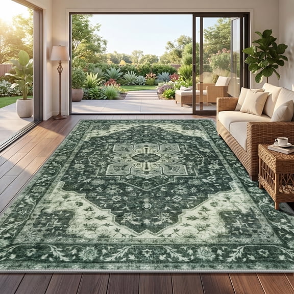 WANLISELL 8'x10' Area Rugs for Living Room, Non Slip Stain Resistant Washable Rug, Non-Shedding Distressed Farmhouse Soft Indoor Carpet, Dark Green
