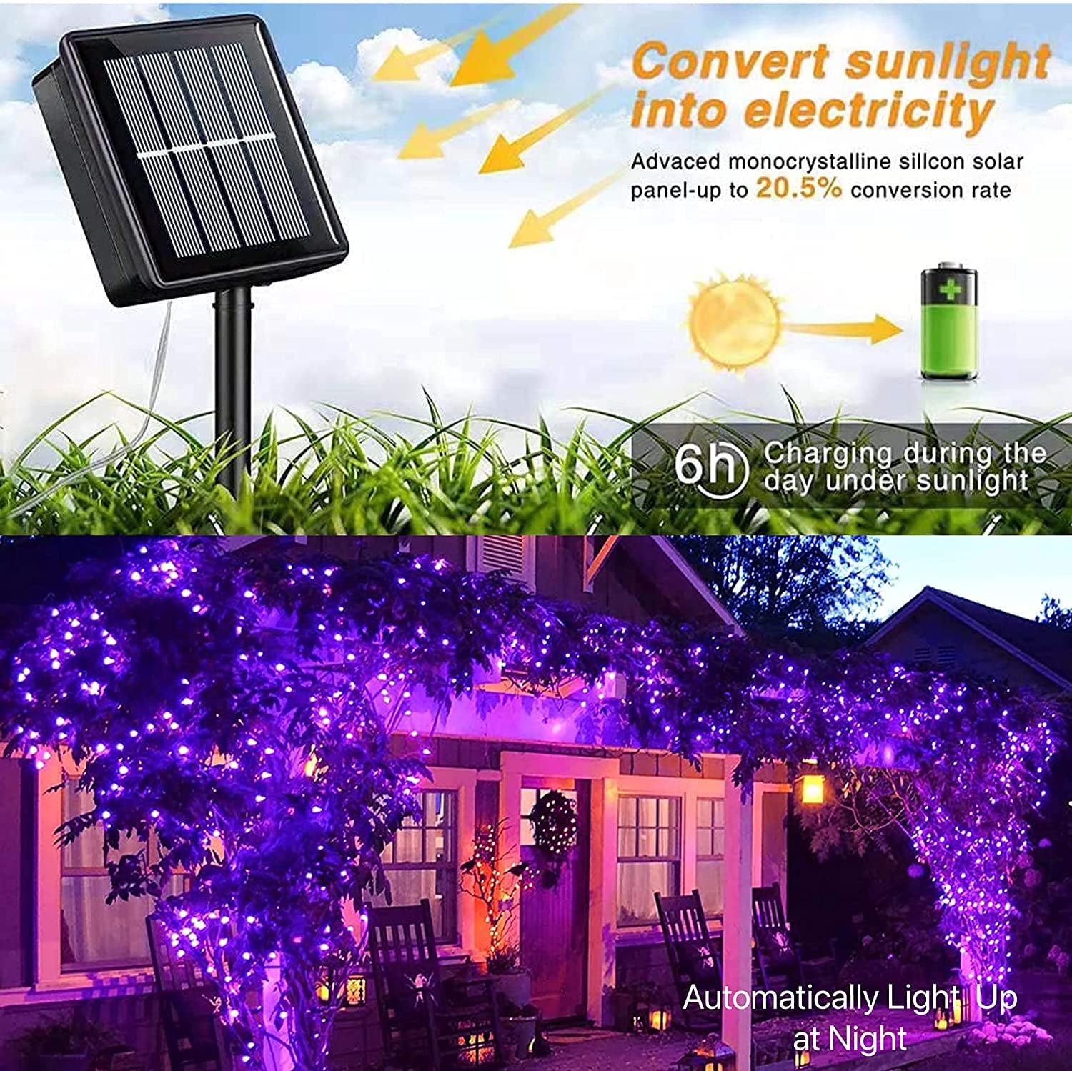 Purple Solar Fairy Lights Outdoor Waterproof, 2 Pack Each 33ft 100 LED Solar String Lights, 8 Modes Silver Wire Solar Twinkle Lights for Halloween Christmas Patio Garden