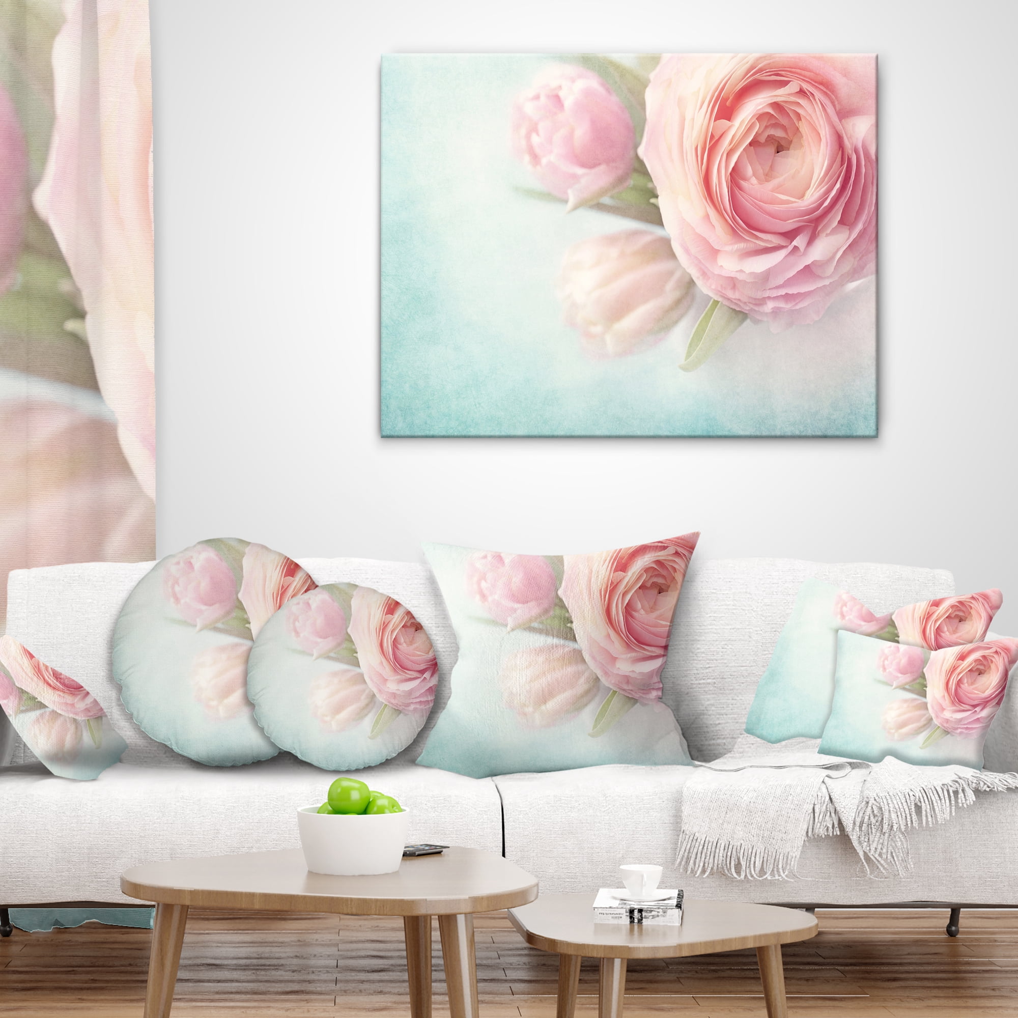 Designart Pink Flowers against Blue Background - Floral Throw Pillow - 12x20