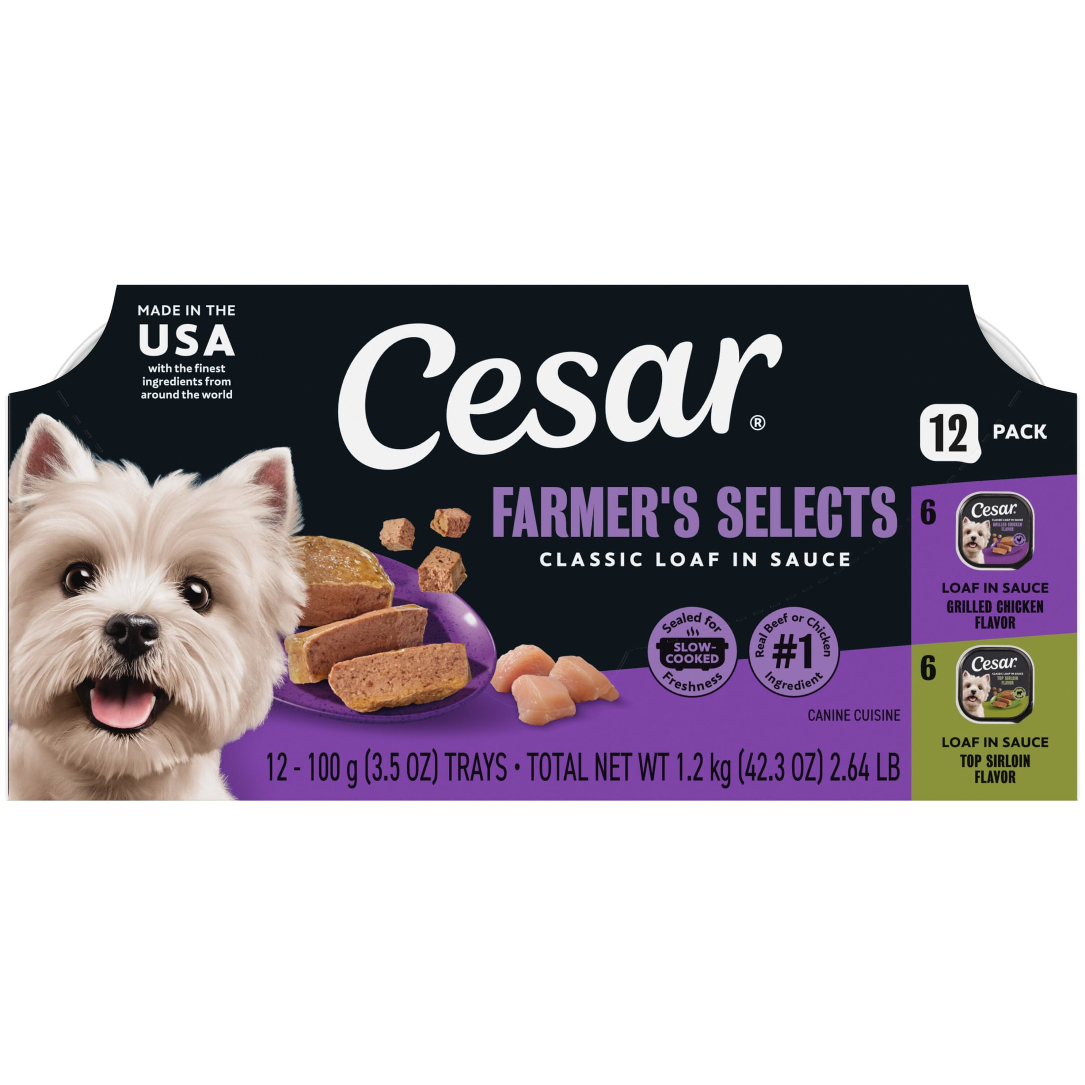 Cesar Loaf In Sauce Beef And Chicken Flavors Adult Wet Dog Food Variety Pack, 3.5 Oz Trays, 12 Ct.