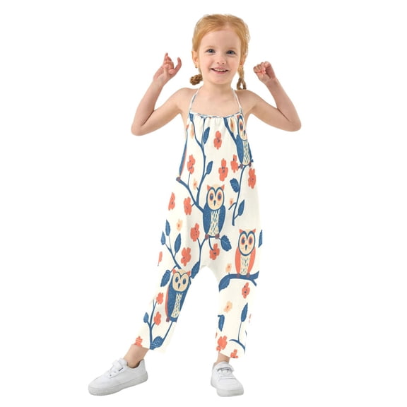 Girls' Jumpsuits Rompers Summer Casual Sleeveless Rompers With Pockets Spaghetti Strap Romper Owl on The Branch 1T