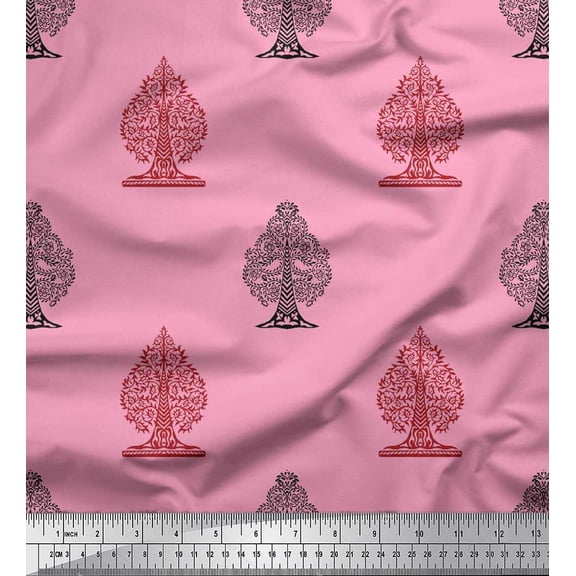 Soimoi Polyester Crepe Fabric Tree Block Print Fabric by Yard 42 Inch Wide