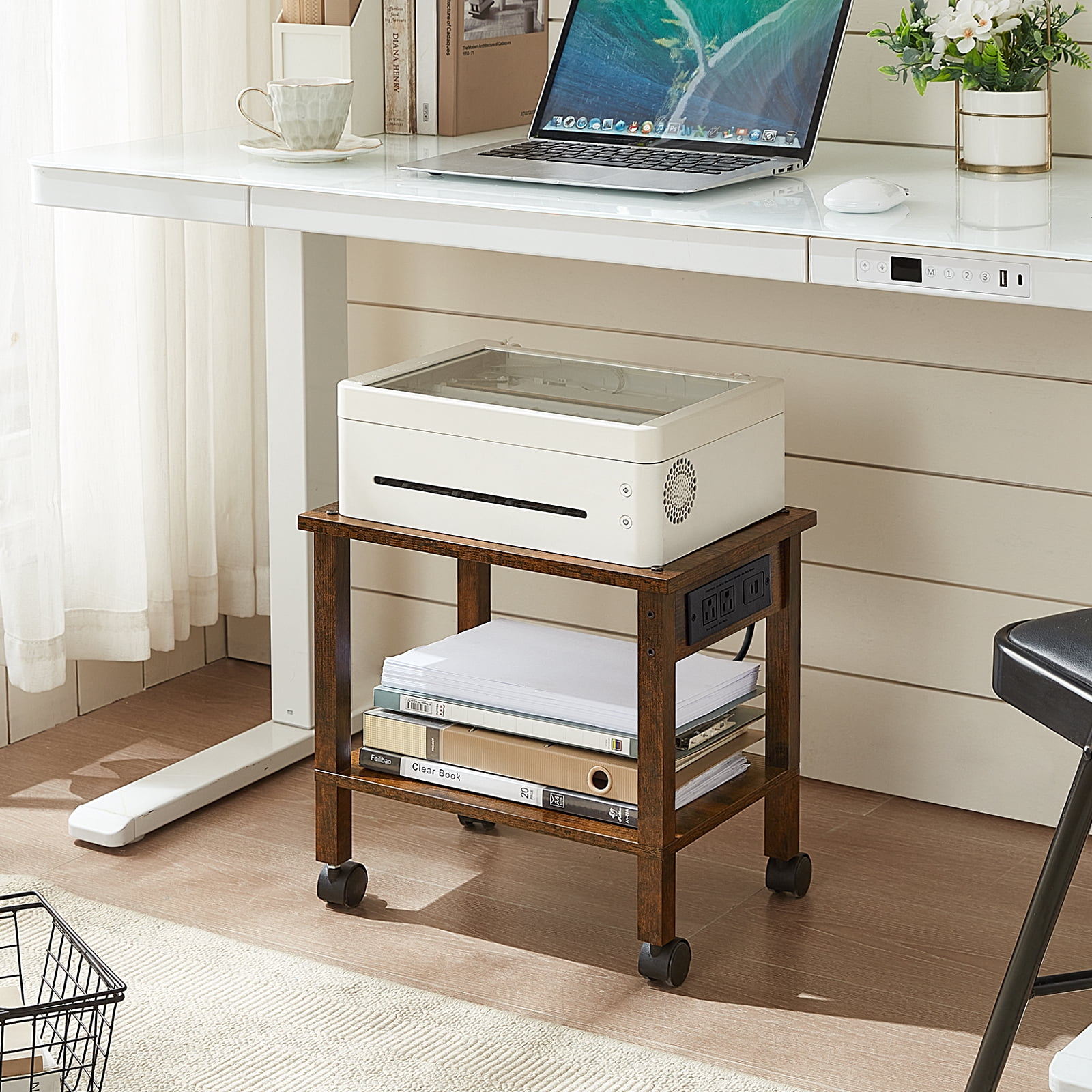 LEYAOYAO 2-Tier Printer Stand for Desk with Storage, Wooden Desktop Organizer Shelf & Charging Station, Saves Space for Home Office, Brown