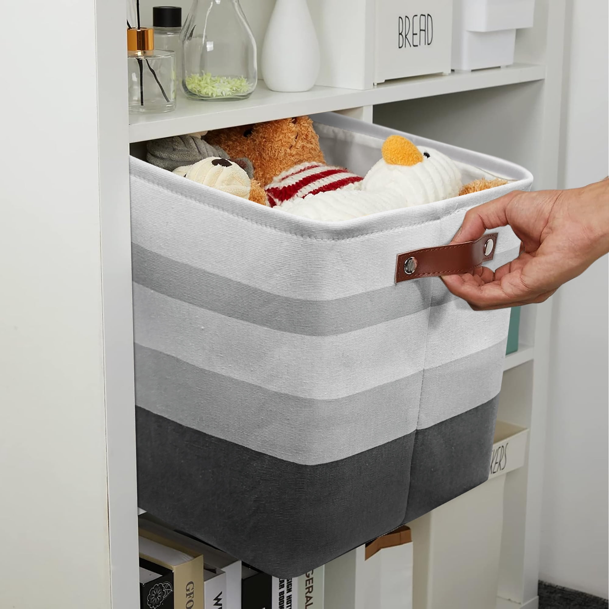 Tegance 13x13 Storage Cubes Baskets 4 Pack Fabric Cube Storage Bins Large Storage Baskets with Leather Handles,Decorative Storage Boxes for Organizing Shelves(Multicolor)