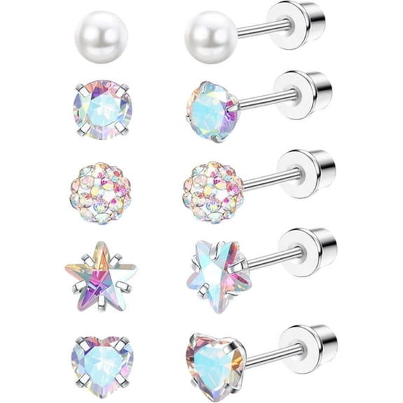 DESIGNICE 5 Pairs Titanium Screw Back Earrings Set for Women,20G Hypoallergenic Pure Titanium Stud Earrings for Sensitive Ear