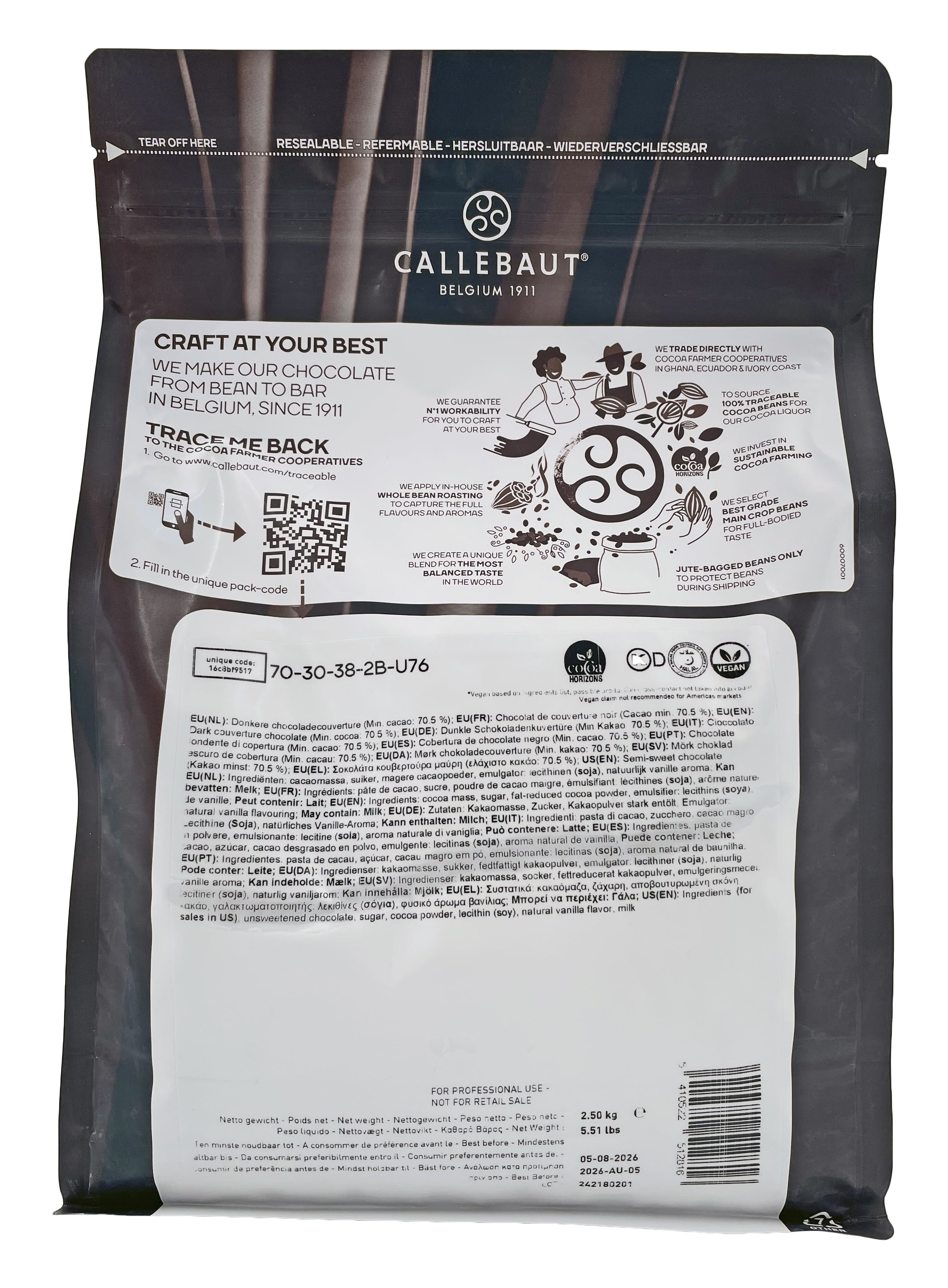Callebaut 70-30-38 Dark Bittersweet Chocolate Callets | Kosher | 5.5 lb