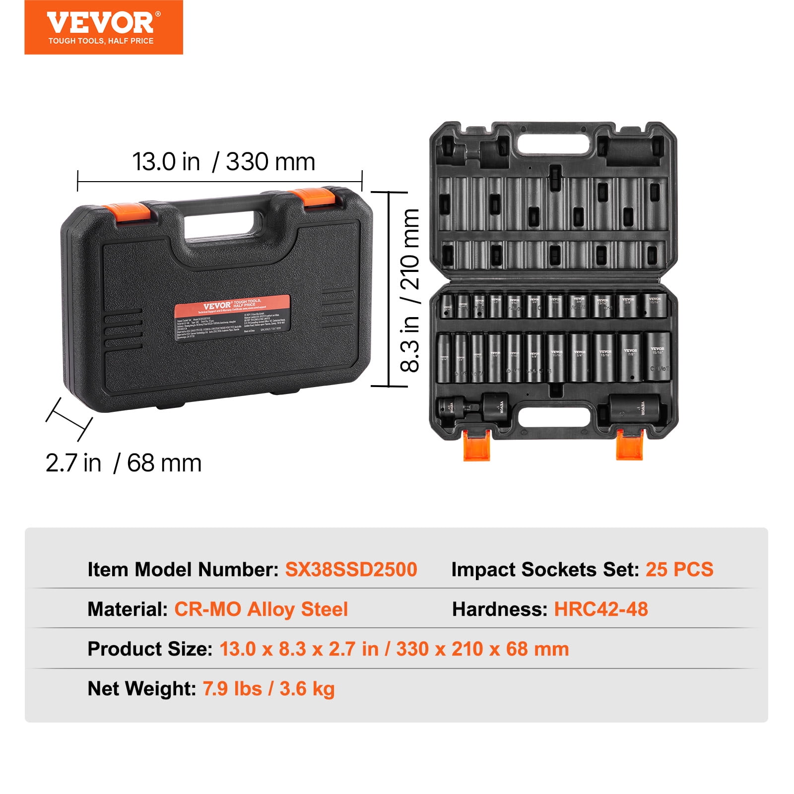 VEVOR 3/8" Drive Impact Socket Set, 25 Piece Deep & Shallow Socket Set SAE 5/16" - 1", 6 Point Cr-Mo Alloy Steel for Auto Repair,Easy-to-Read Size Markings,Rugged Construction,Includes Storage Case