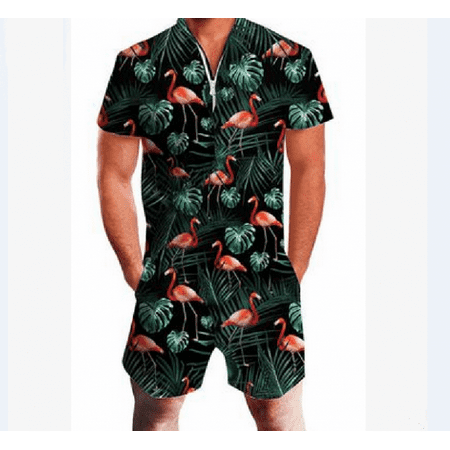 Men Hawaii Print Zipper Romper Playsuits Short Sleeve V Neck Fit Slim Jumpsuit Men Male Casual Jumpsuit Overalls Plus Size