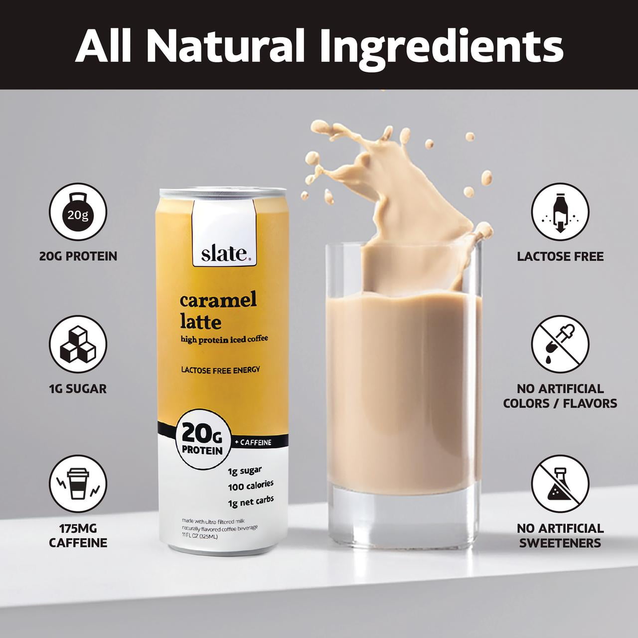 Slate Milk - High Protein Iced Coffee - Caramel Latte - 20g Protein, 1g Sugar, 100 Calories - 11 fl oz, 12 Cans