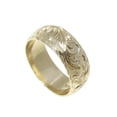 thumbnail image 4 of 14K yellow gold hand engraved Hawaiian plumeria scroll ring diamond cut edge 8mm, 4 of 5