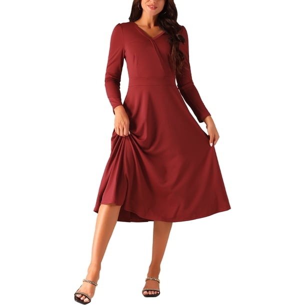 Vestido Midi de Manga Larga con Volantes INSPIRE CHIC para Mujeres en Vino Rojo L