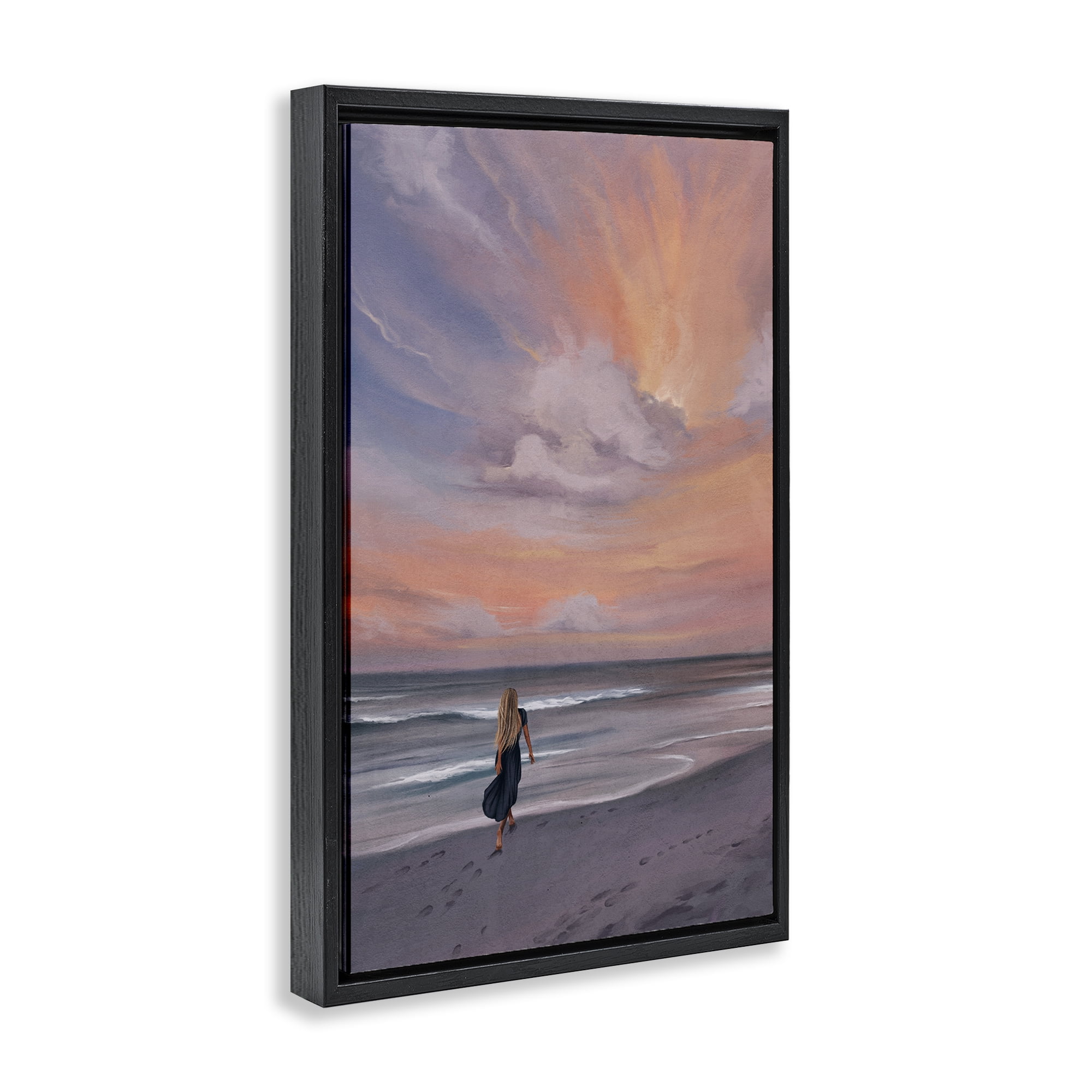 Stupell Industries Sunset Beach Walk Nautical & Beach Painting Black Floater Framed Canvas Art Print Wall Art, 17 x 25