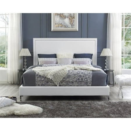Tristan White Leather Platform Bed Frame King Size Nailhead Trim Tristan White Leather Platform Bed Frame King Size Nailhead Trim