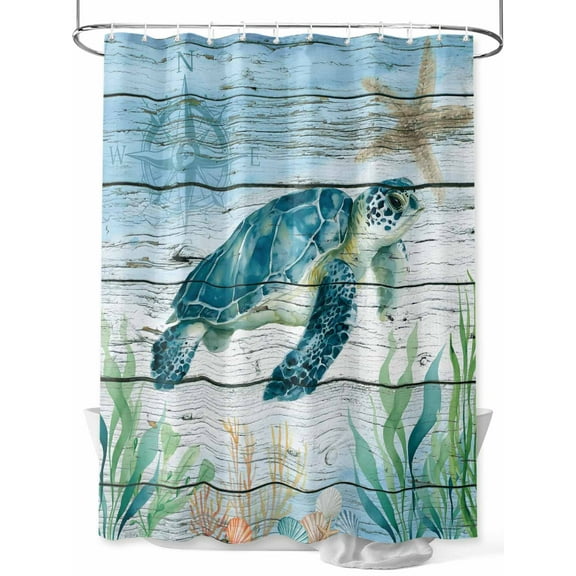 Fsddascl Coastal Turtle Shower Curtain Set - Long 72" x 84" Washable Bathtub Curtain with 12 Hooks, Nautical Ocean Shells Seaweeds Starfish Waterproof Fabric Stall Shower Curtains for Bathroom