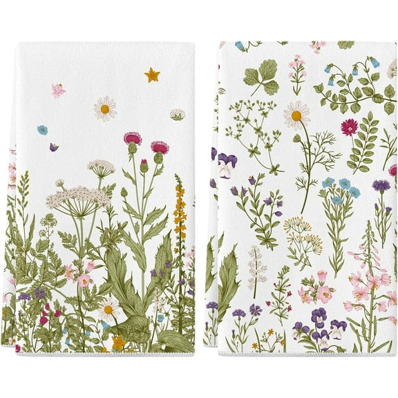 Spring Summer Kitchen Towels Set of 2, 18x26 Inch Dish Towels Flower Decor Hand Towels Seasonal Summer Home Drying Dishcloth (White)