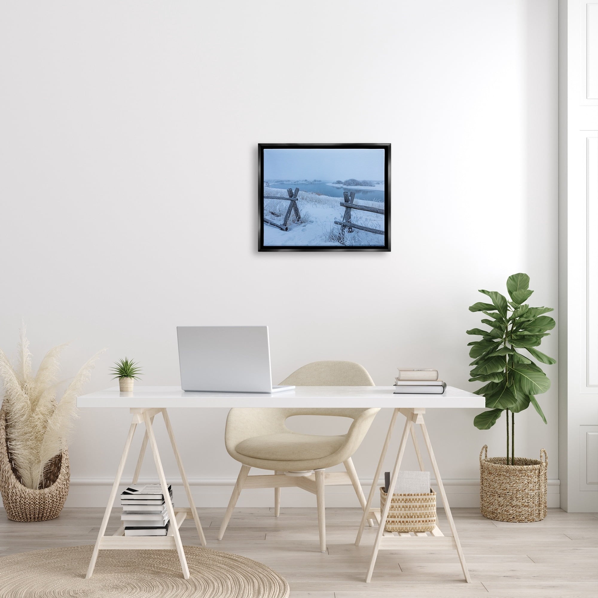 Stupell Industries Snow Covered Fields Country Fences Winter Landscape Photograph Jet Black Floating Framed Canvas Print Wall Art, Design by Steve Smith