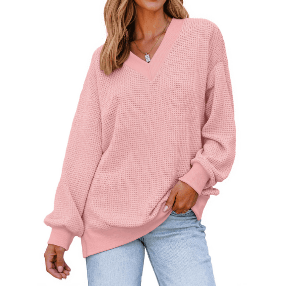 Fantaslook Waffle Knit Womens Sweatshirts Long Sleeve V Neck Shirts Pullover Casual Outfits Loose Fall Tops