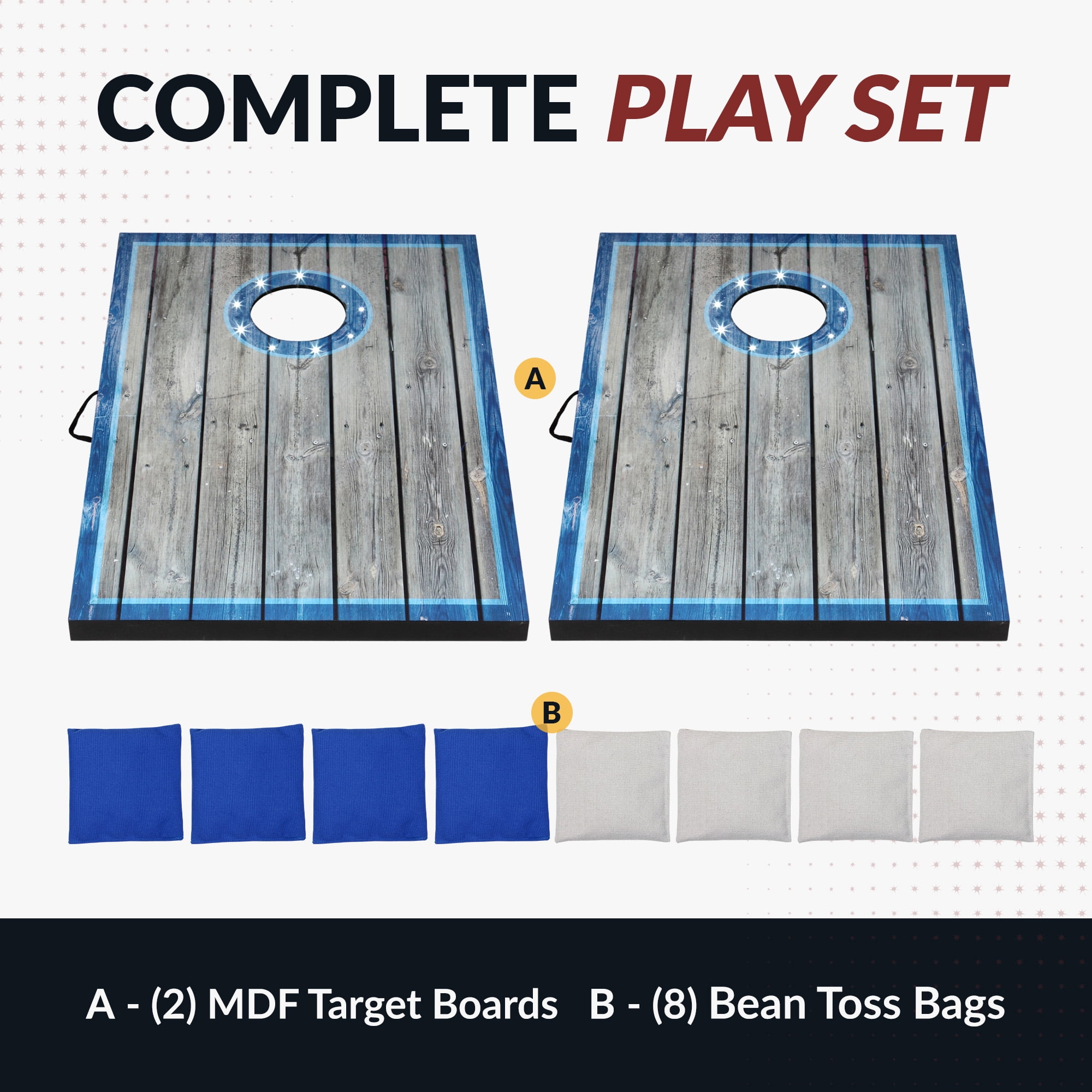 Hathaway LED Cornhole Set with Rustic Target Boards and 8 Bean Toss Bags, Lighted Target Areas, Carry Handles for Portability – Blue/White