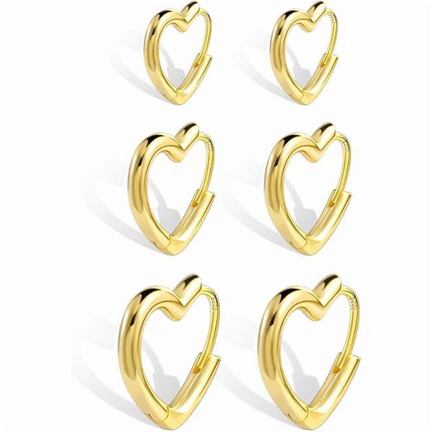Chenchen 925 Sterling Silver 3 Pairs Heart Earrings Set for Women 14K Gold Plated Hoops, Minimalist Hearts Shaped Small Big Silver Huggie Hoop Trendy Earring Hypoallergenic Thick Chunky Earings