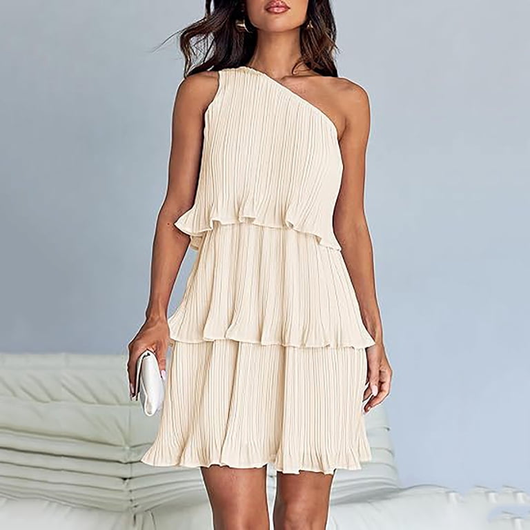 Lmnyox Women's One Shoulder Mini Dress Summer Fashion Short Dress Flowy Cocktail Party Club Dress, Size: XL, Beige