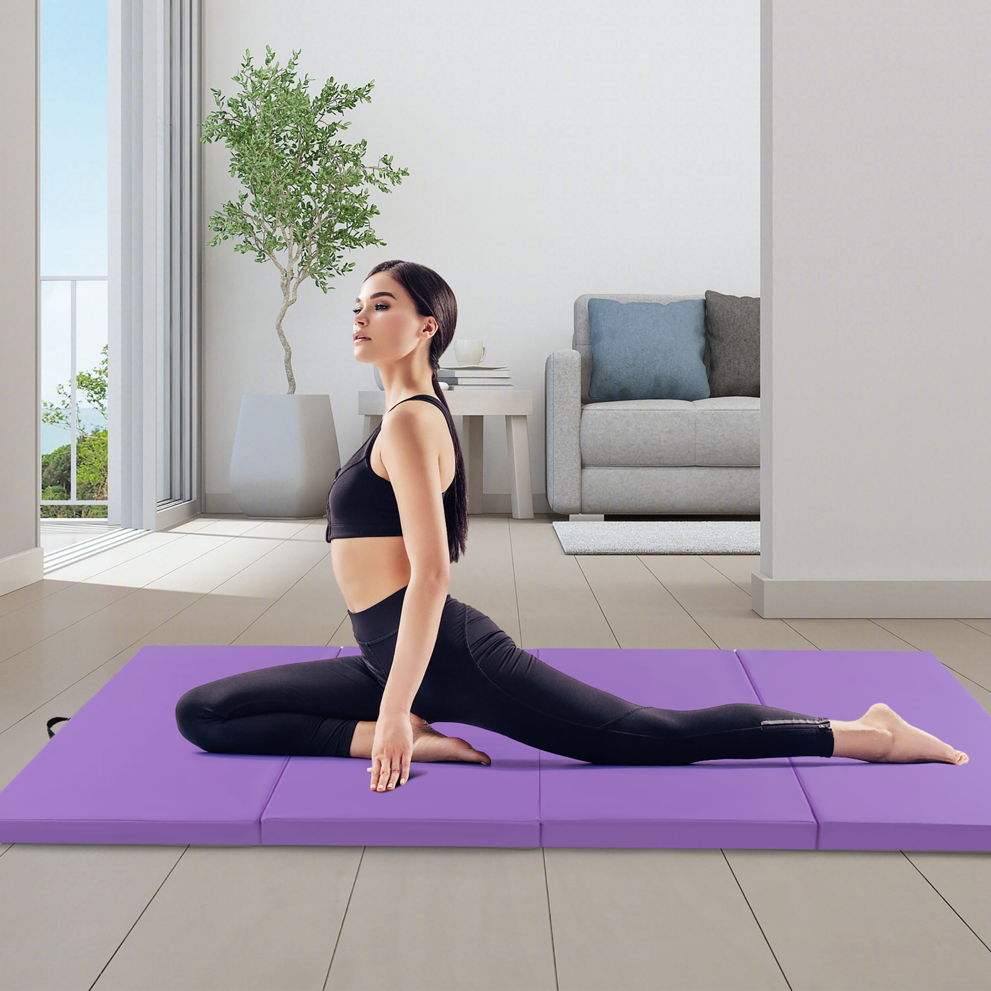 Tapis De Yoga Pliable GYMAX - 300x117x5 Cm (déplié) | Mousse EPE Haute Densité, Surface PU | Attaches Auto-agrippantes Sur 4 Côtés | Poignées De Transport