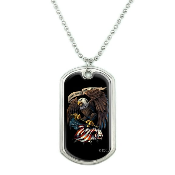 These Colors Don't Run Patriotic Eagle USA American Flag Military Dog Tag Pendant Necklace with Chain