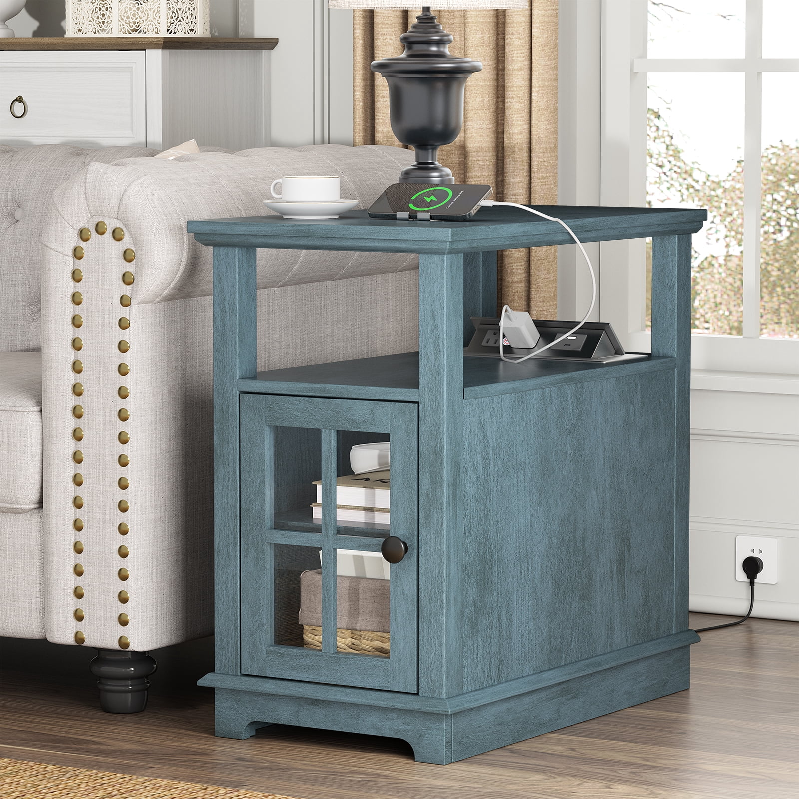 FAGAGA End Tables with Charging Station for Living Room, Wooden Nightstand for Bedroom, Blue