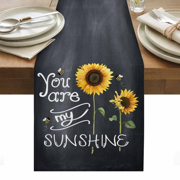 Sunflowers Table Runner - 72 Inch Long, Kitchen Dining Table Runner Dresser Scarves, Classic Bee You Are My Sunshine Black Farmhouse Decor for Coffee Tables Wedding Party Banquet