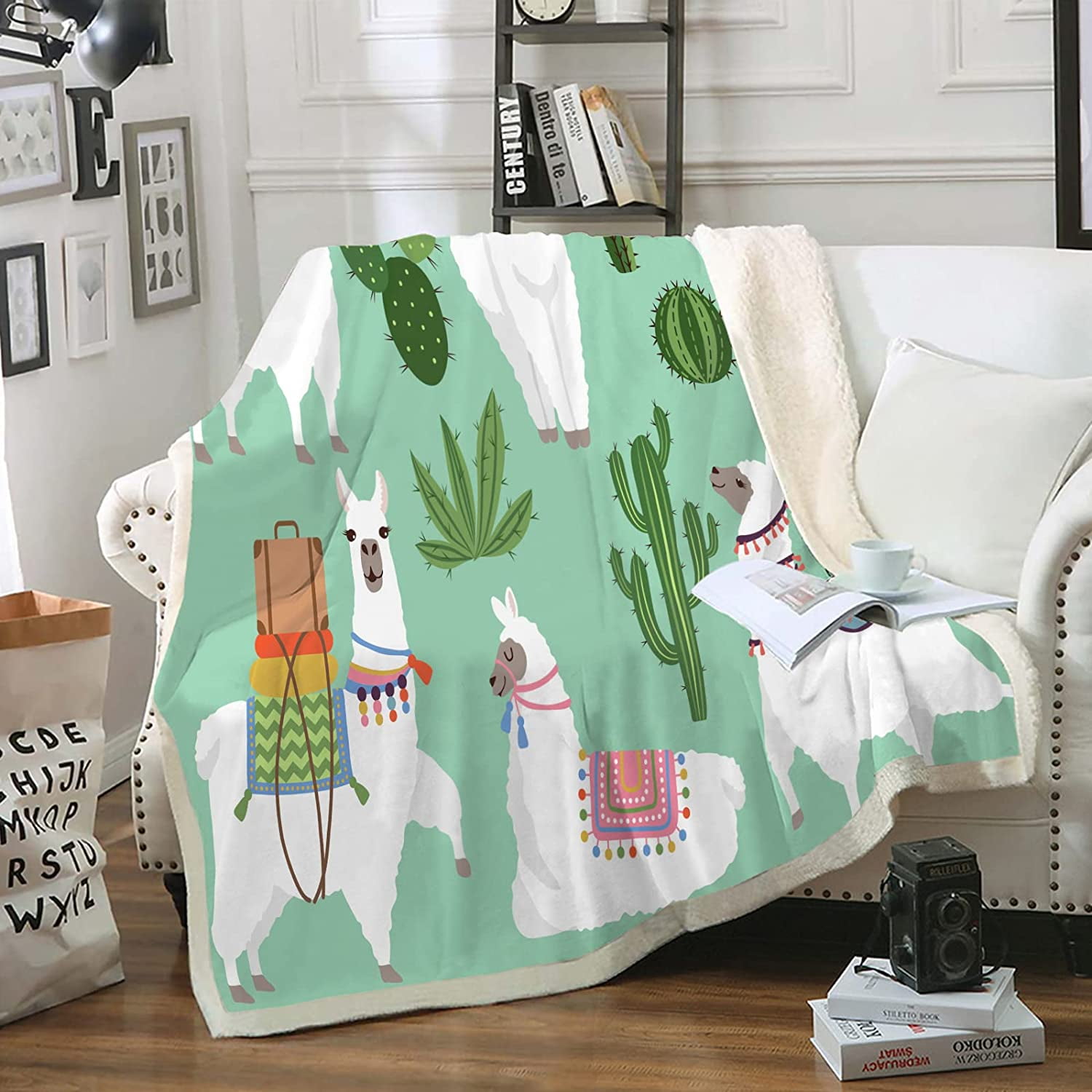White Llama Blanket Green Cactus Throw Blanket Cartoon Alpaca and Cactus Flower Printed Sherpa Fleece Blanket Green Kids Boys Girls Blanket for Bedroom Couch Sofa Throw 50 x60 Green Walmart