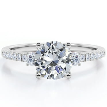 JeenMata Three Stone - 1.75 Carat Round Brilliant Cut Moissanite - Pave Engagement Ring - 18K White Gold Plating Over Silver