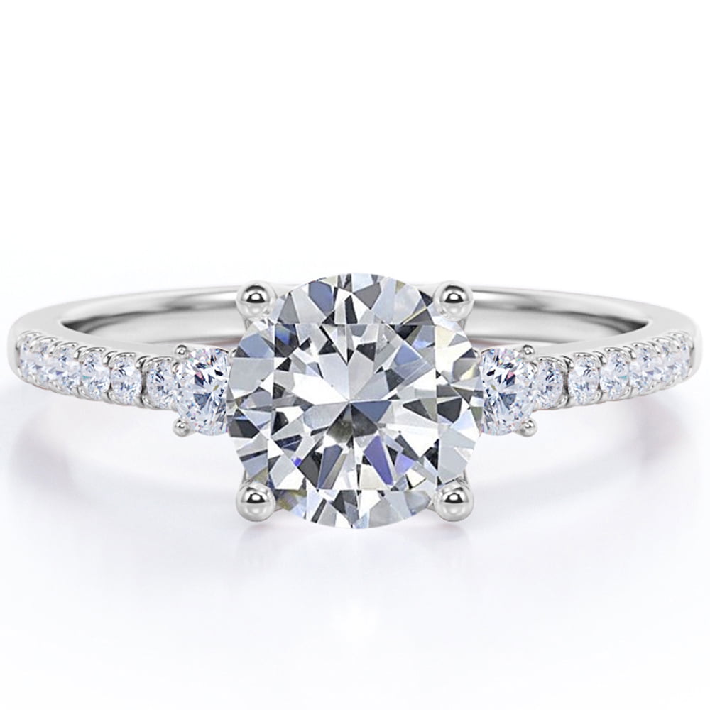 JeenMata Three Stone - 1.75 Carat Round Brilliant Cut Moissanite - Pave Engagement Ring - 18K White Gold Plating Over Silver