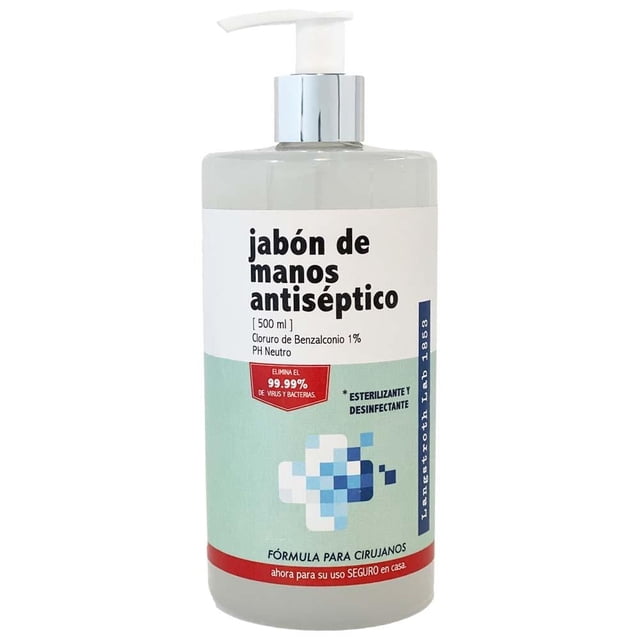 Jabón antiséptico líquido para manos Langstroth Esterilizante y Desinfectante PH Neutro 500 ml, botella con dispensador blanco y etiqueta blanca y verde que indica cloruro de benzalconio 1% y elimina 99.99% de virus y bacterias, ideal para higiene personal diaria y protección segura en casa.