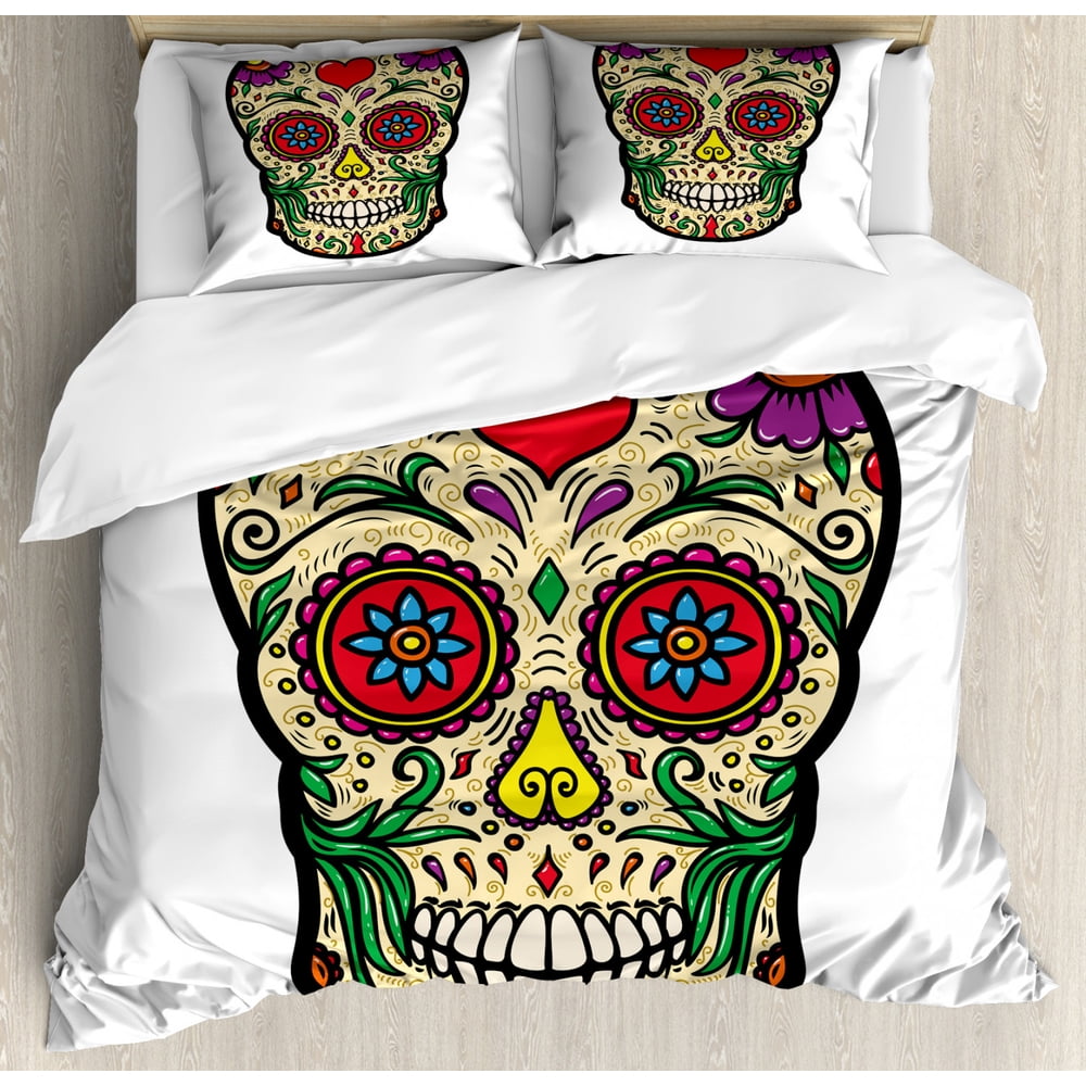 Day of the Dead Duvet Cover Set, Vibrant Jumble Ornamental Sugar Skull
