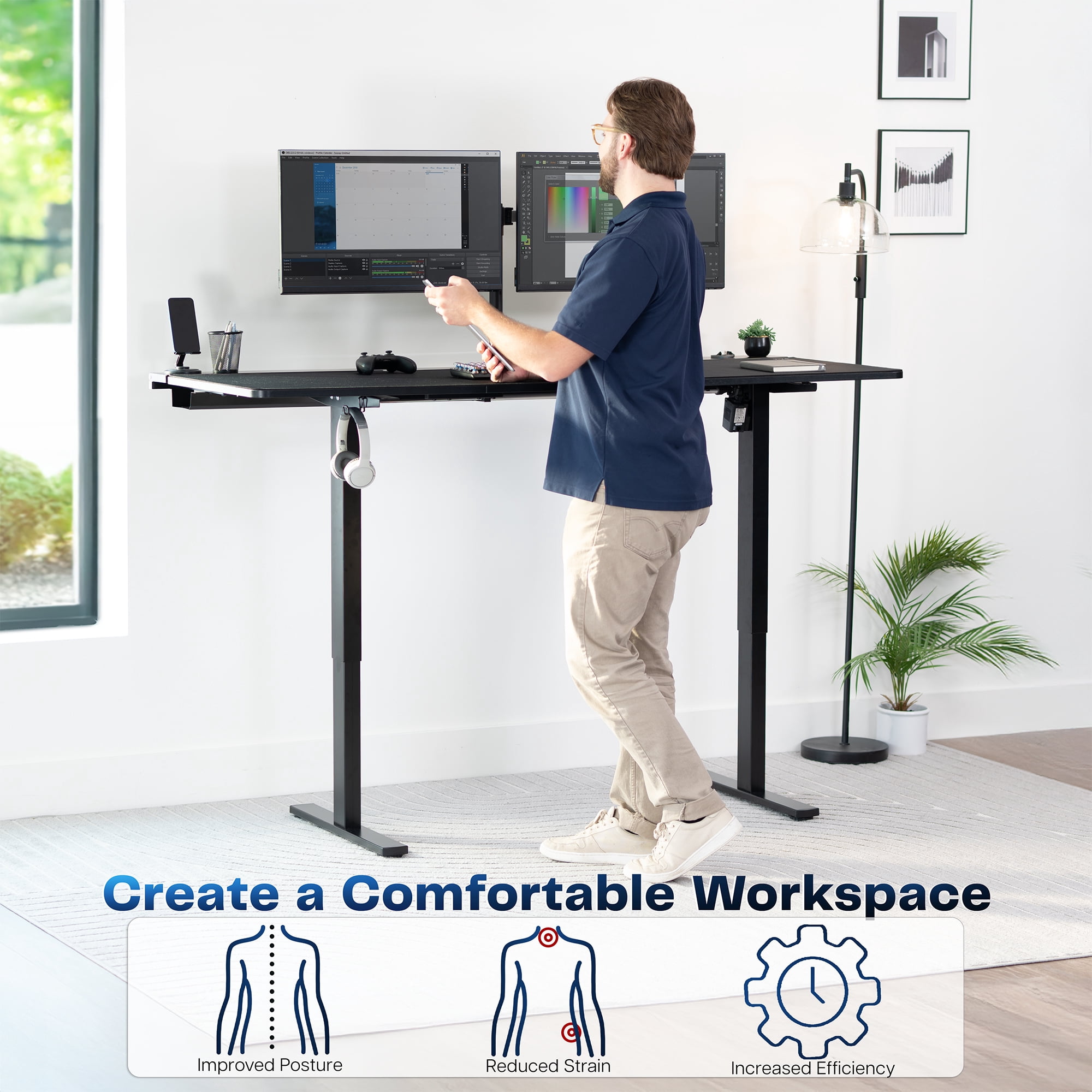 VIVO Electric 71" x 30" Desk, Full Pad, Black Hidden Cable Tabletop, Black Frame