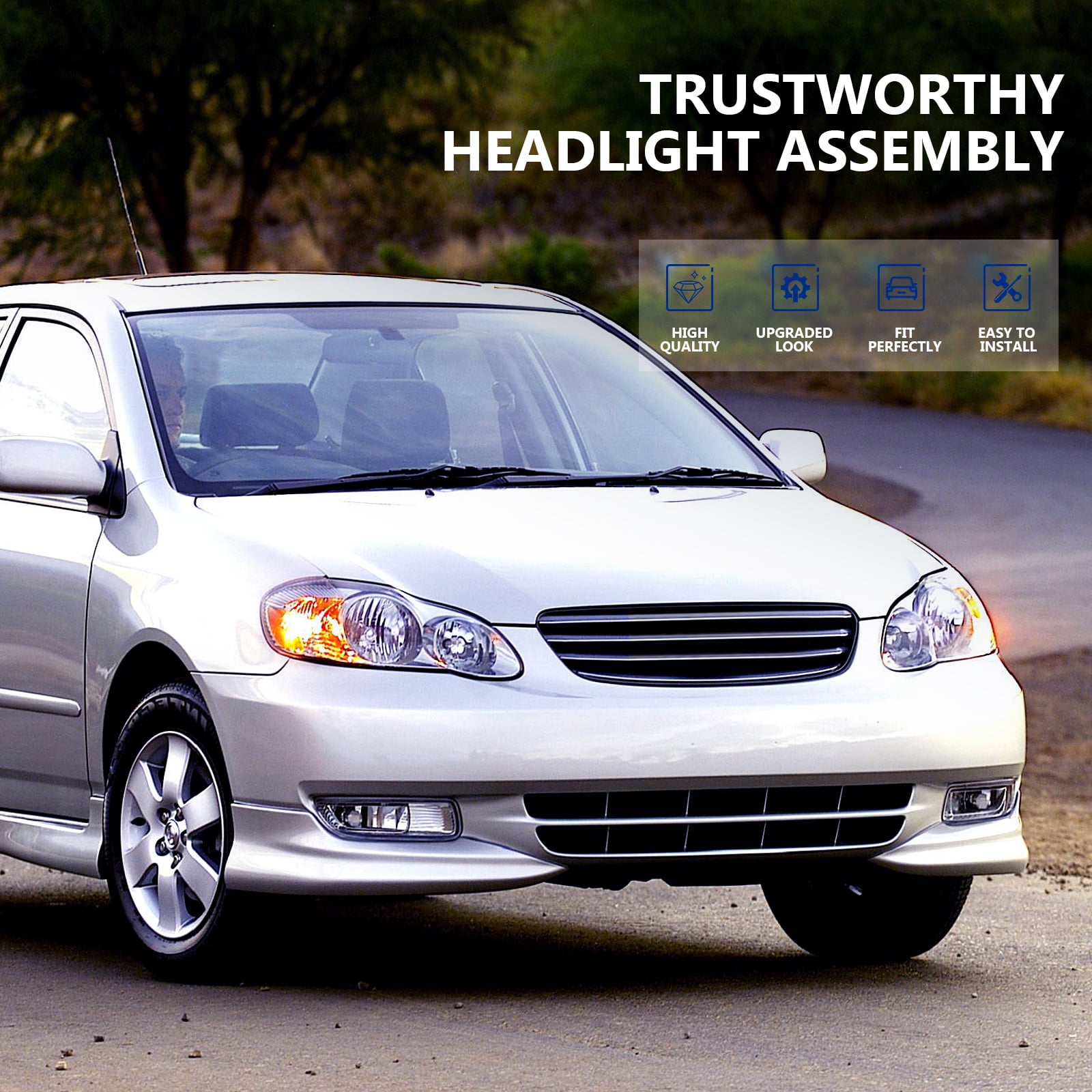 ECCPP Headlights Assembly Direct Replacement For Toyota Corolla 2003-2008 Headlamps Chrome Housing Amber Reflector Clear Lens Left+Right Side