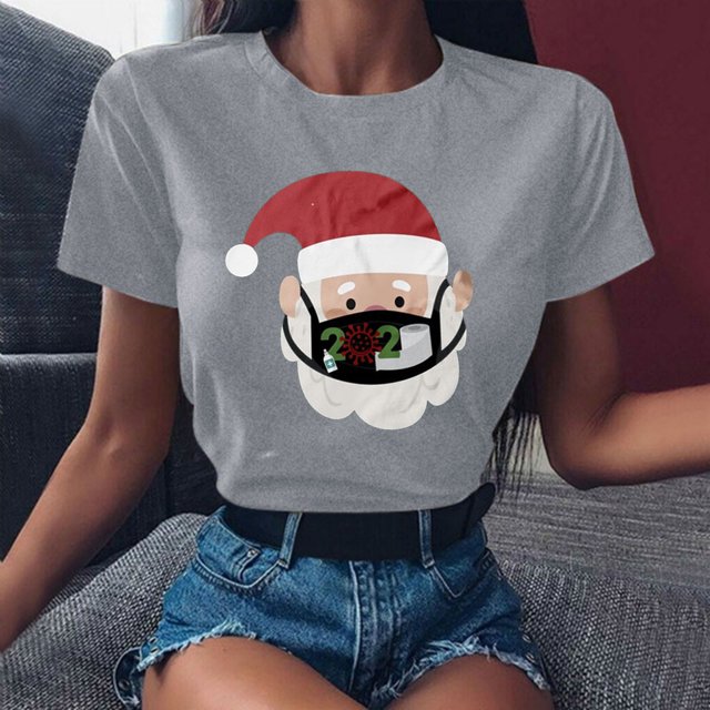 Puntoco Navidad Mujer Moda O-cuello Manga corta Casual Linda camisa de vacaciones Puntoco Puntoco-2154