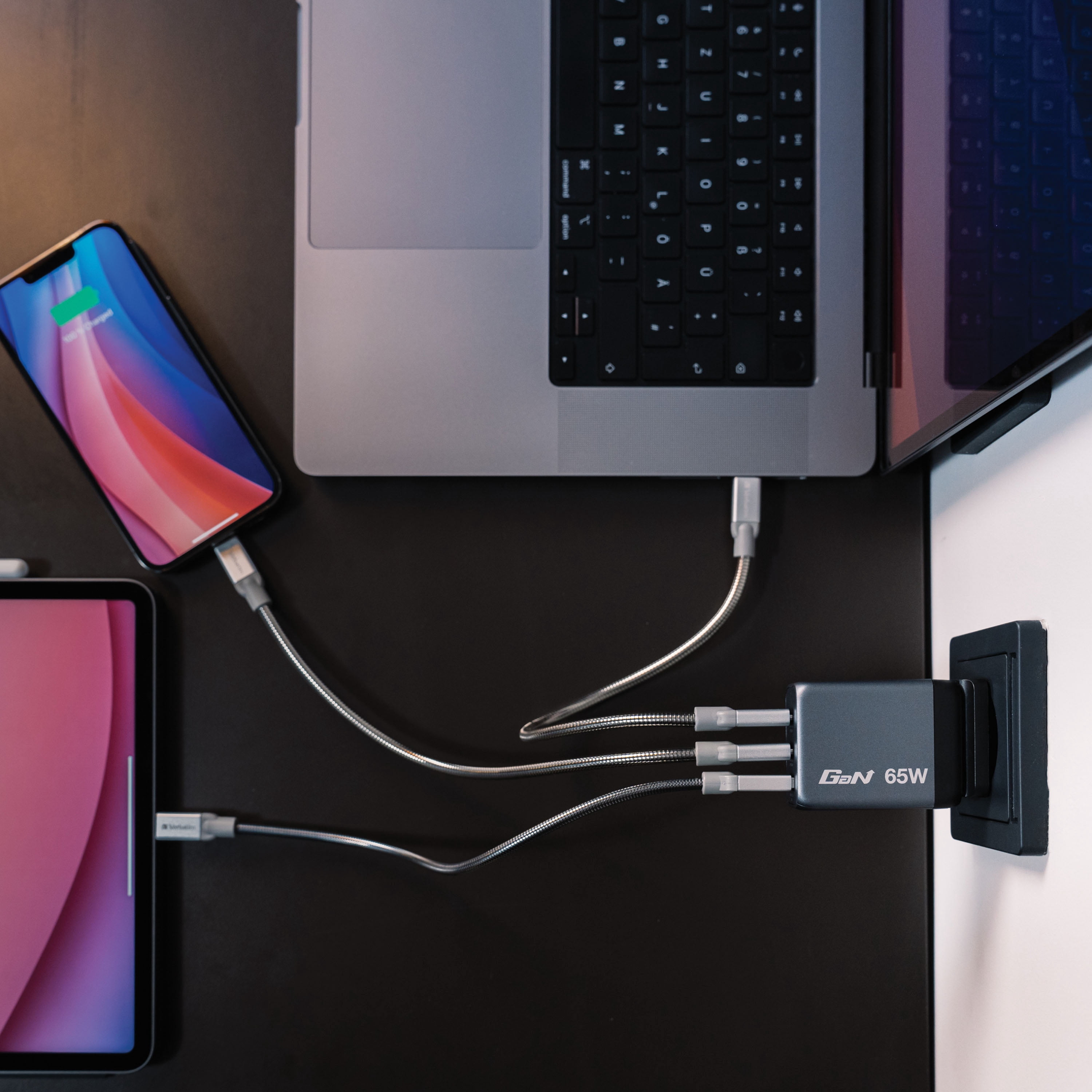 Verbatim 65W 3-Port GaN Wall Charger, Gray