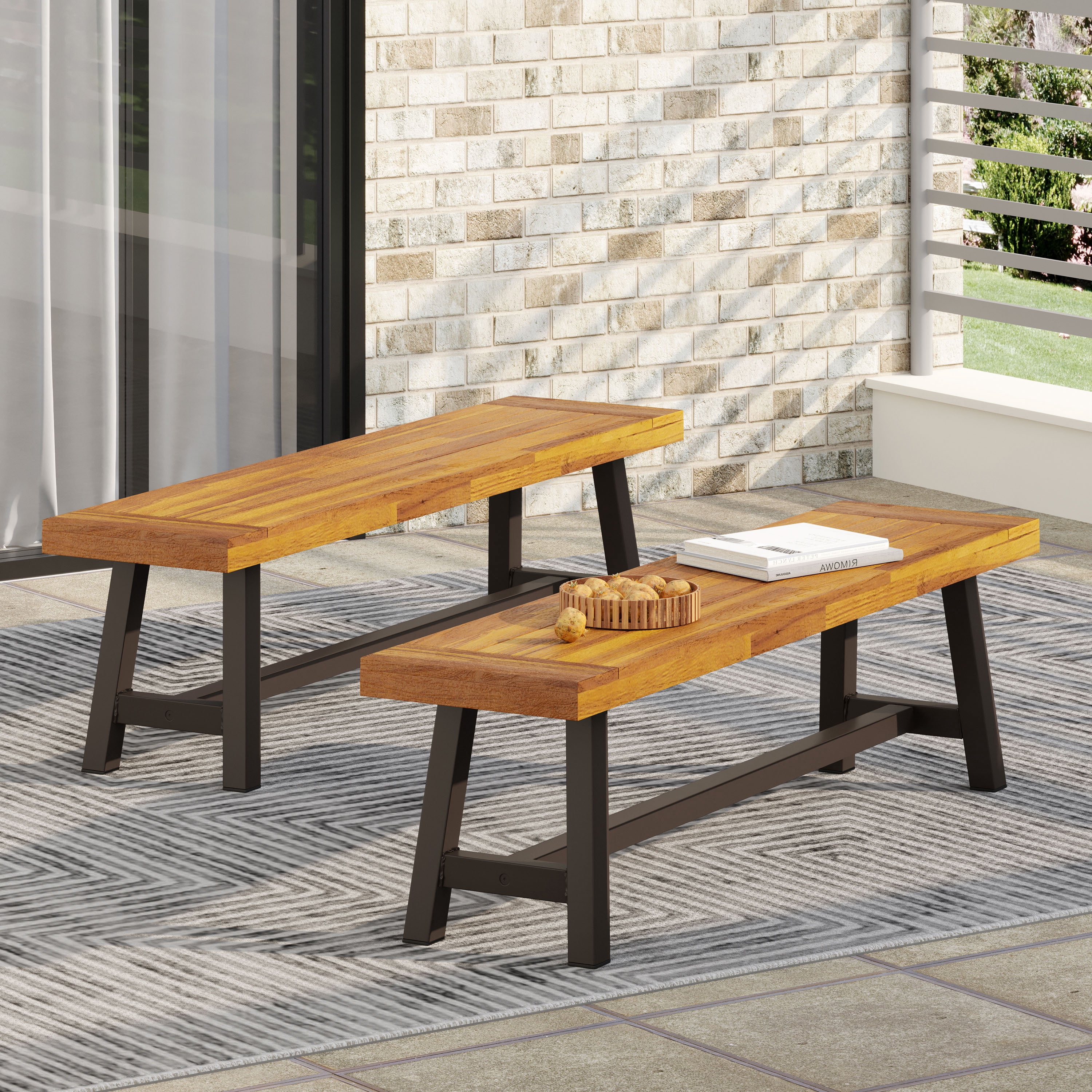 Outdoor Solid Wood Leisure Bench Set of 2, Sandblast Finished Acacia Wood Rest Seats for Patio Garden, Sandblasted Brown and Rustic Metal