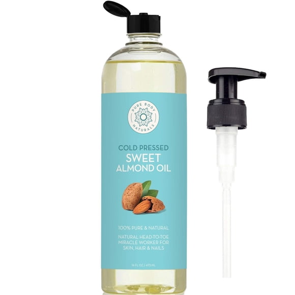 Sweet Almond Oil for Hair and Skin, 100% Pure and Cold Pressed, Hexane Free, Skin Moisturizer, Nails, Therapeutic Massage, Carrier Oil - by Pure Body Naturals 16 Fl. Ounce (Label Varies)