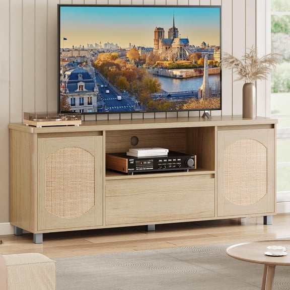 IDEALHOUSE 63in TV Stand for TVs Up to 70", Rattan Entertainment Center with Storage Drawer and Open Shelves, Modern TV Console Media Cabinet for Living Room, Bedroom, Oak