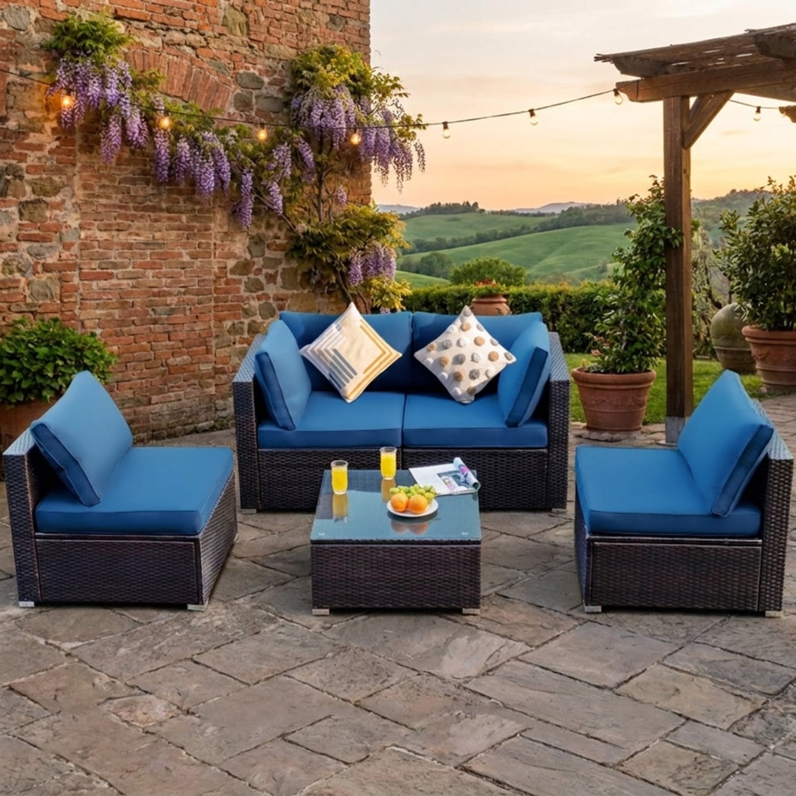 Biotree Patio Furniture Set 5 Piece Cushioned Rattan outdoor sectional with glass table outdoor conversation set for garden backyard porch, Navy