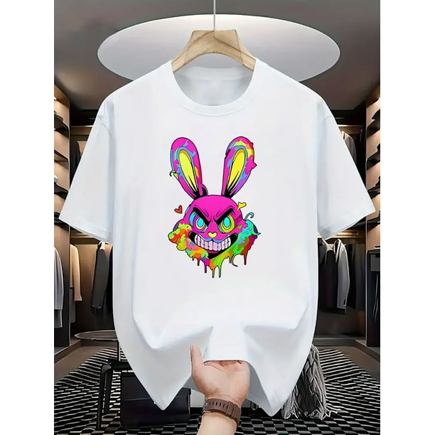 Camiseta informal de cuello redondo transpirable para hombre. Estampado "Conejo Enfadado". Tejido de punto de algodón ligeramente elástico. Ajuste regular. Ropa informal de verano con estampado animal