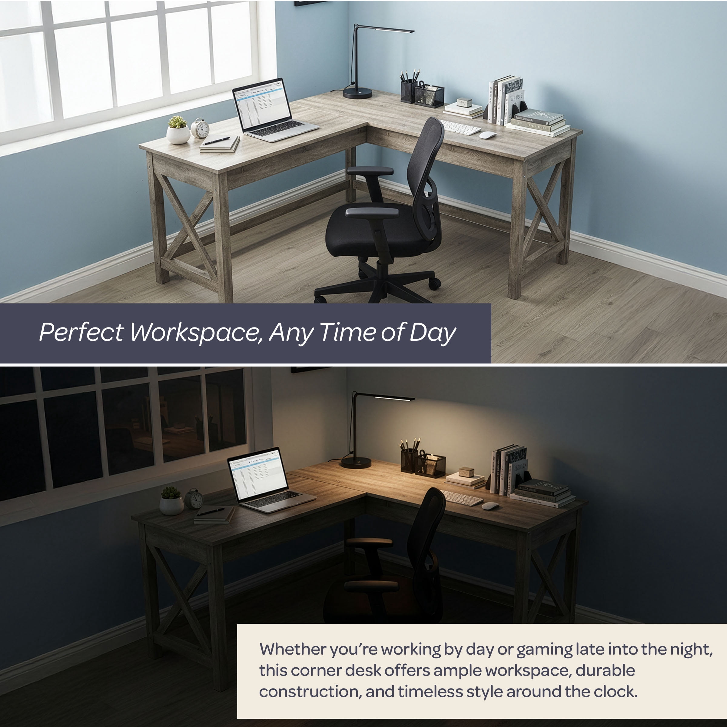 Lavish Home 59" L-Shaped Farmhouse Style Desk for Home Office in Light Gray Oak Finish