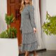 thumbnail image 4 of Vestido bohemio ahumado con cuello redondo y manga larga de Color liso para mujer de otoño e invierno Fridja  yut6217, 4 of 7