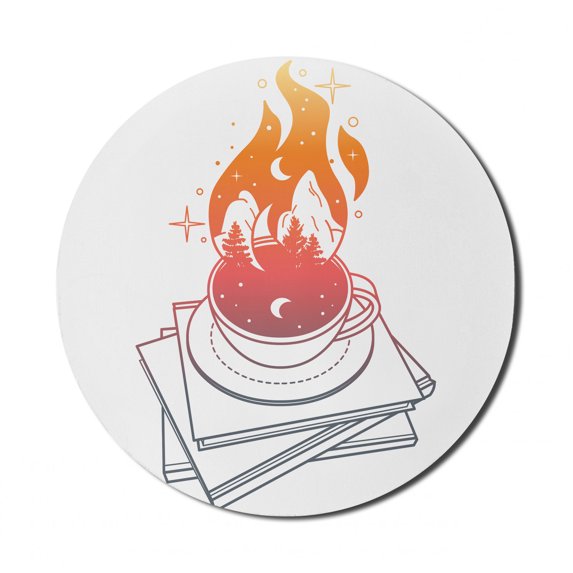 Retro Mouse Pad for Computers, Coffee Cup Along Moon Campfire Stars Sky over Stack of Books Forest, Round Non-Slip Thick Rubber Modern Mousepad, 8" Round, Dark Coral and Vermilion, by Ambesonne