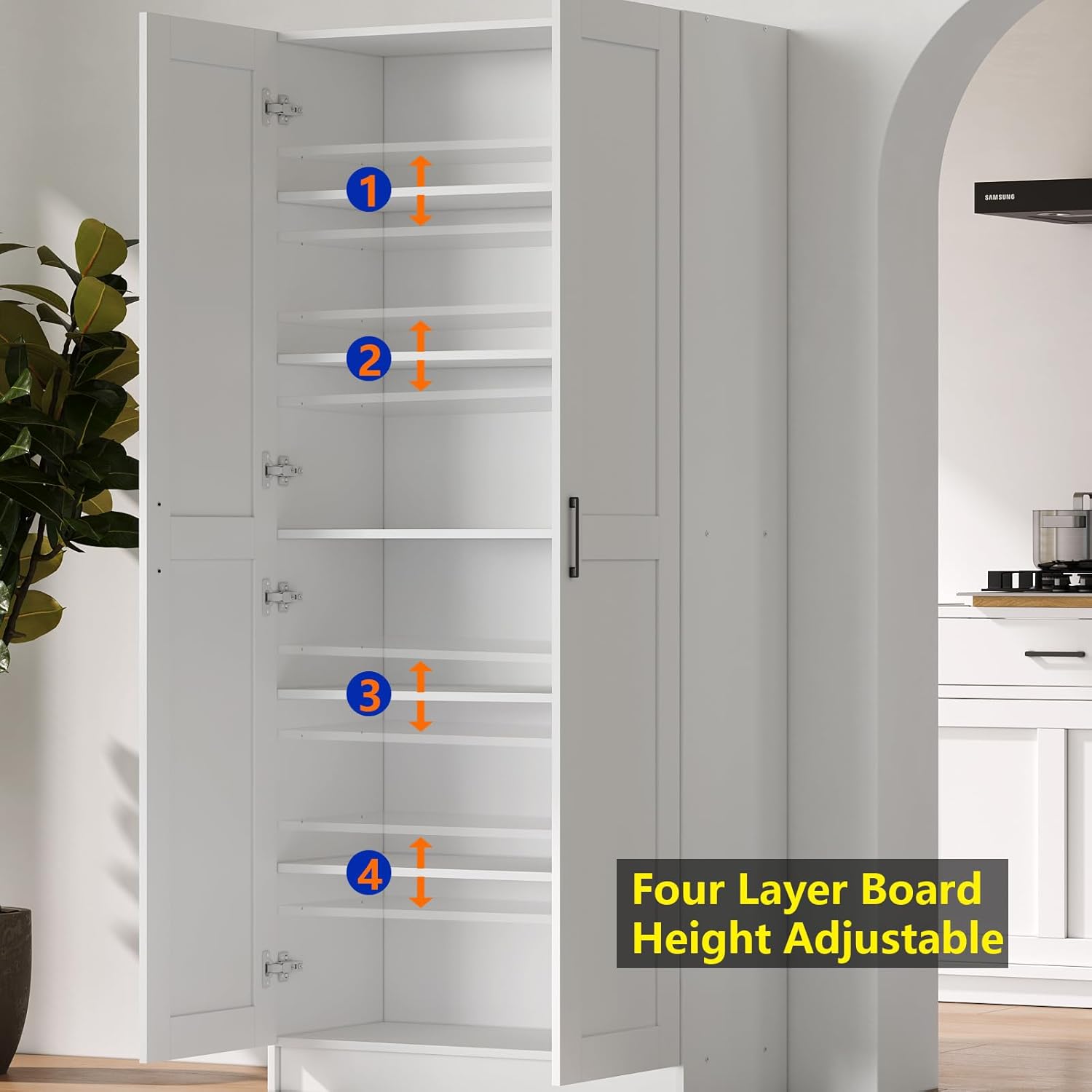 Fddevelop White Tall Wood Kitchen Pantry Cabinet with Doors and Adjustable Shelves  71”H