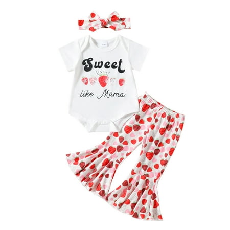 

XJDJHC Baby Girls Clothes Outfit Girls Short Sleeve Letter Romper Bodysuit Strawberry Prints Bell Bottoms Pants Outfits Fashion Streetwear 6-12 Months