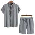 thumbnail image 2 of YLSDY Men's 2 Pieces Set Stand Collar Button Down Shirt and Drawstring Shorts Summer Beach Yoga Matching Outfits Gray 4, 2 of 3
